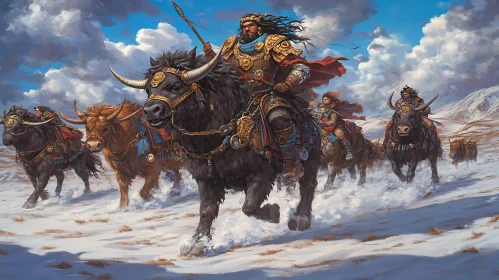 Warriors on Bulls in Winter Landscape