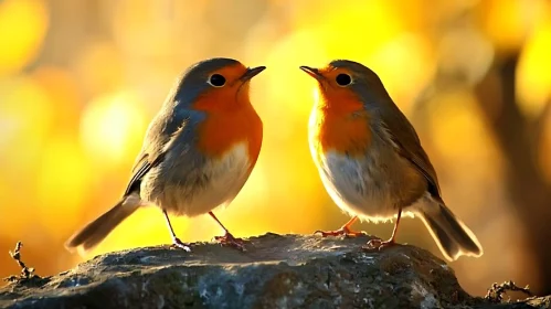 Two Robins Perched on a Rock