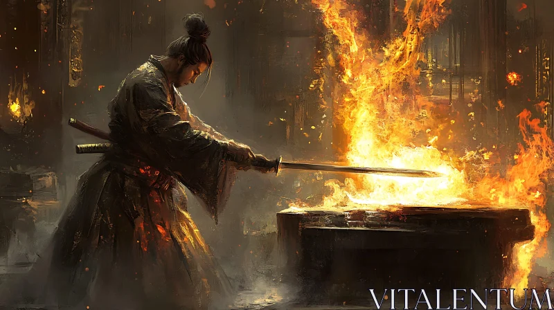 AI ART Warrior Crafting Sword in Flames