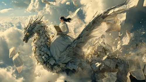 Woman riding a Dragon made of Paper