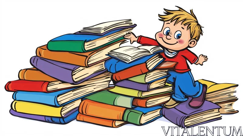 Illustration of Boy Reading Books AI Image