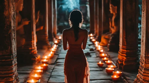 Candlelit Temple Passage with Woman Figure