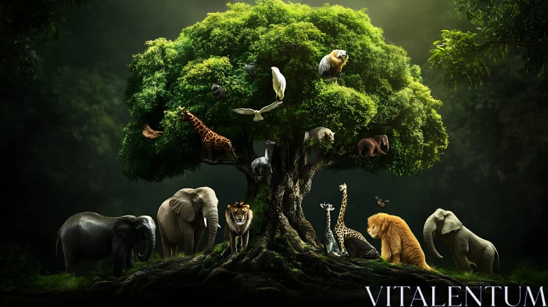 AI ART Diverse Wildlife Thriving Around a Majestic Tree