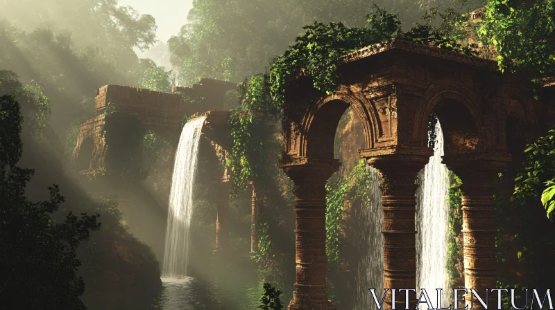 AI ART Serene Waterfall Landscape with Ancient Ruins