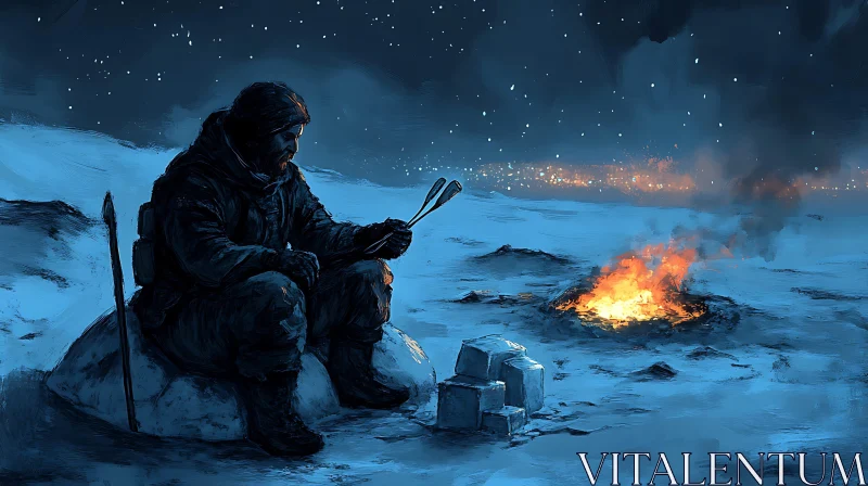 AI ART Man Contemplates by Campfire in Winter