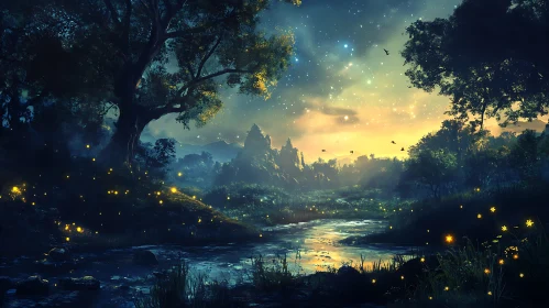 Mystical River Landscape with Fireflies