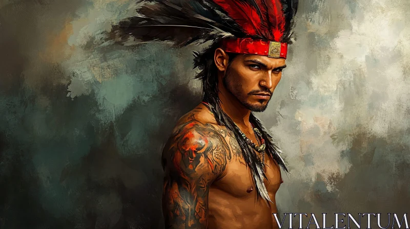 Native American Warrior with Feathers AI Image