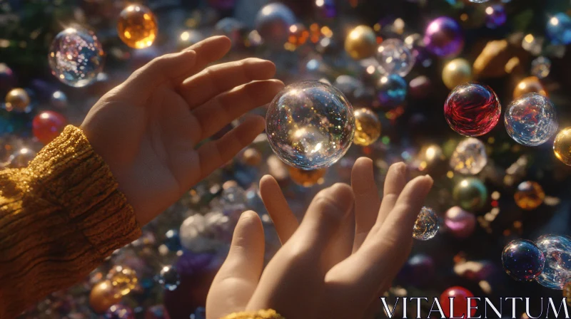 AI ART Hands Holding Luminous Orb Surrounded by Spheres