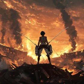 Warrior Amidst Burning Ruins