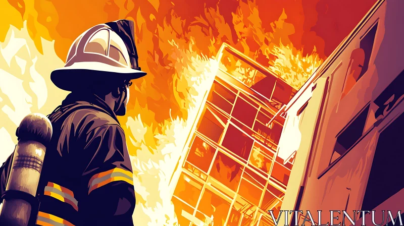 Heroic Firefighter Facing a Blazing Building AI Image