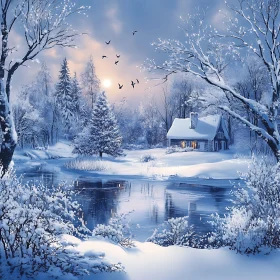 Tranquil Snowy Forest with Cabin and Lake at Sunset