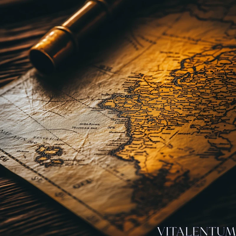 Vintage World Map with Brass Telescope AI Image