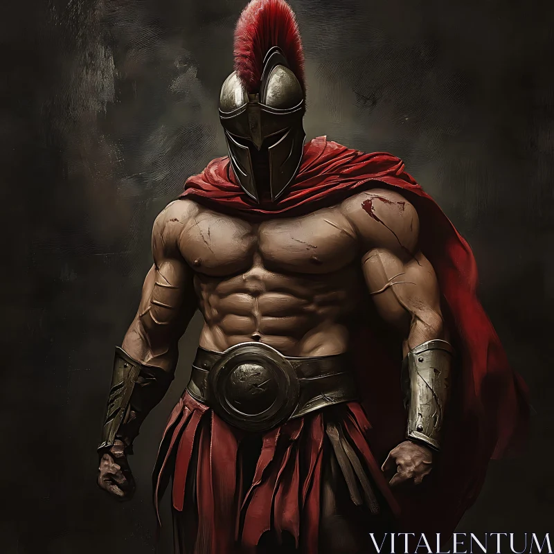 Ancient Warrior in Armor and Red Cape AI Image