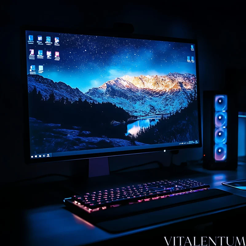 Modern Computer Desk with Mountain Landscape Monitor AI Image