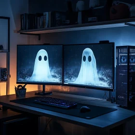 Ghostly Computer Desk Setup in Dark Room