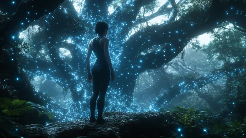 Luminous Forest Vision: Woman's Night Journey