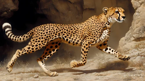 Cheetah Running Through Rocky Landscape