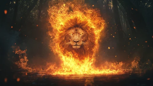 Fiery Lion Portrait in Dark Forest