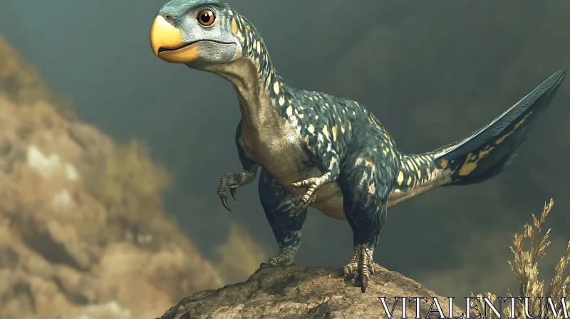 Feathered Dinosaur on a Stone Peak AI Image