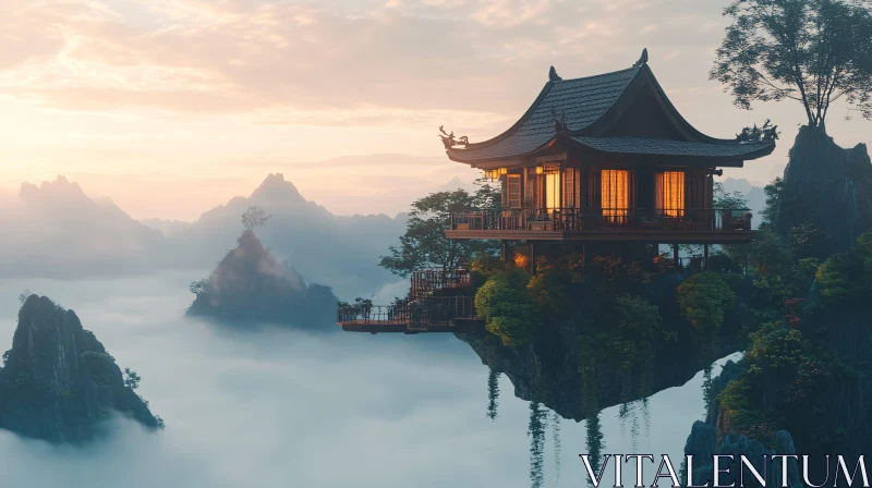 House on a Misty Mountain AI Image