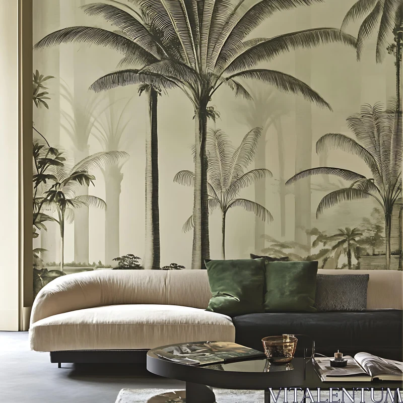 Sophisticated Interior Design with Palm Tree Wallpaper AI Image