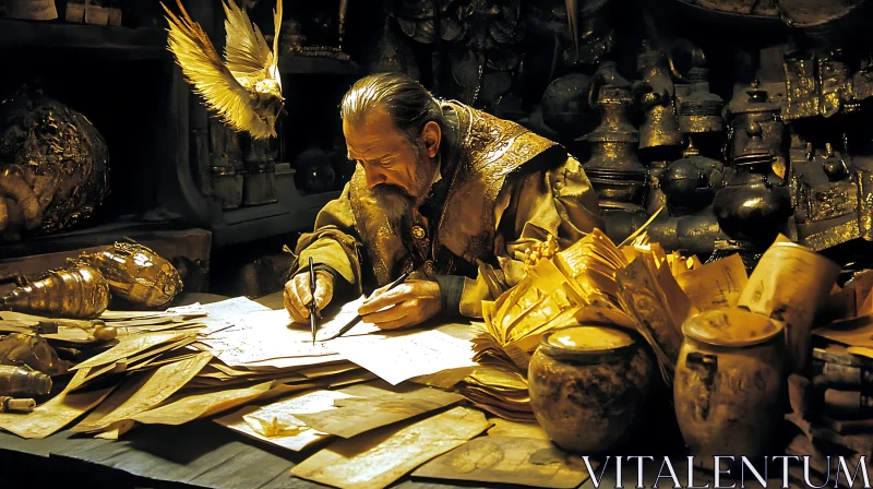 AI ART Vintage Man Writing with Golden Bird