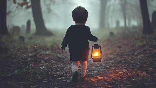 Child with lantern in foggy forest