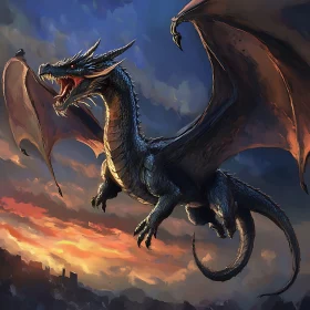 Dragon in Flight Over a Cityscape