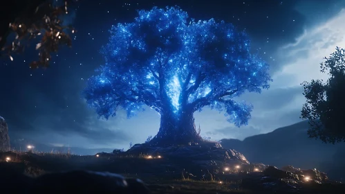 Mystical Blue Tree Landscape at Night