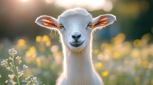 Young Goat in Blooming Field