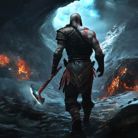 Fierce Warrior in Icy and Fiery Landscape