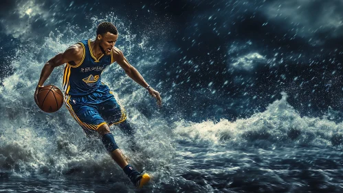 Athlete Dribbling Through Ocean Waves