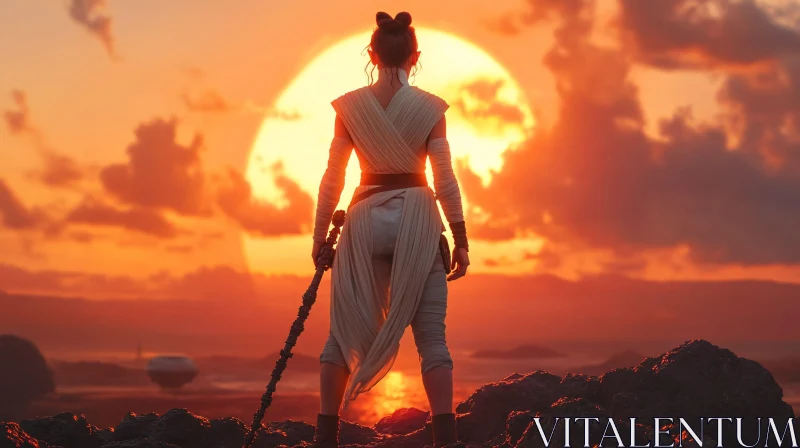 Sunset Silhouette: Woman with Staff AI Image