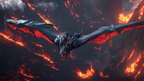 Dragon in Flight Over Lava