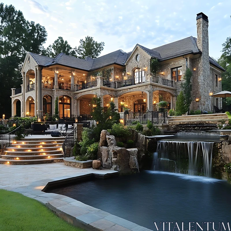 AI ART Luxury Mansion with Waterfall and Evening Lights