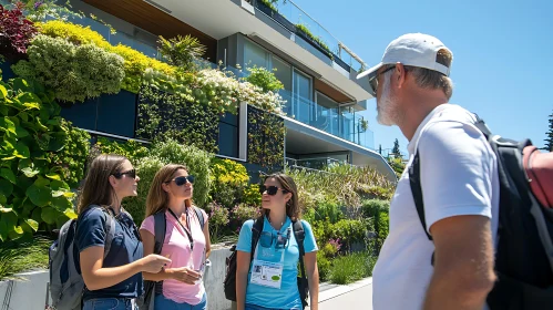 People Conversing Near Green Vertical Gardened Building