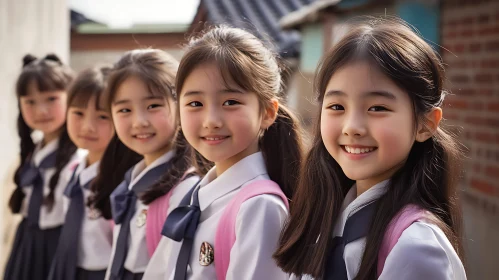 Schoolgirls in Uniforms Smiling