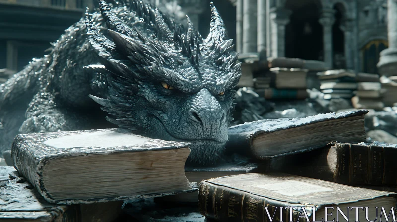 AI ART Icy Dragon Resting on Antique Books