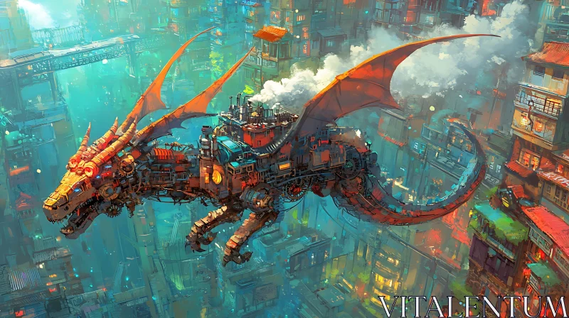 AI ART Mechanical Dragon in Urban Flight