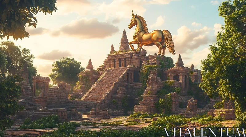 AI ART Unicorn atop the ruins of ancient temple