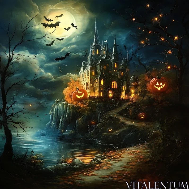 AI ART Spooky Halloween Castle with Glowing Pumpkins