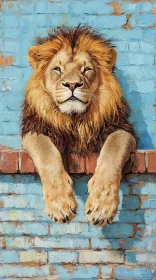 Regal Lion on Brick with Blue Wall