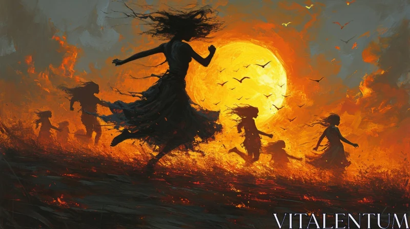Fiery Escape: A Realistic Painting of People Running Through a Field of Fire AI Image