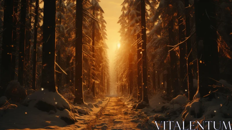 Golden Sunrise over Snowy Forest Path AI Image