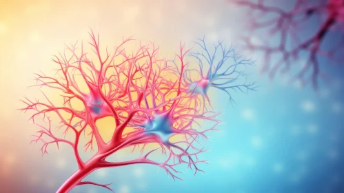 Intricate Illustration of Brain Neurons in Light Red and Azure