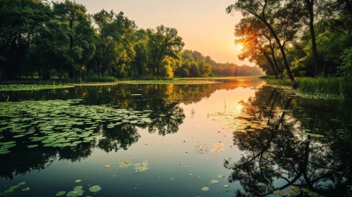 Serene Summer Landscape with Lake, Trees, and Sunset