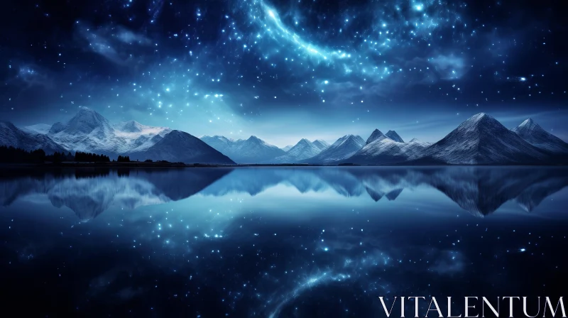 Starry Night Landscape: Calm Waters and Majestic Mountains AI Image