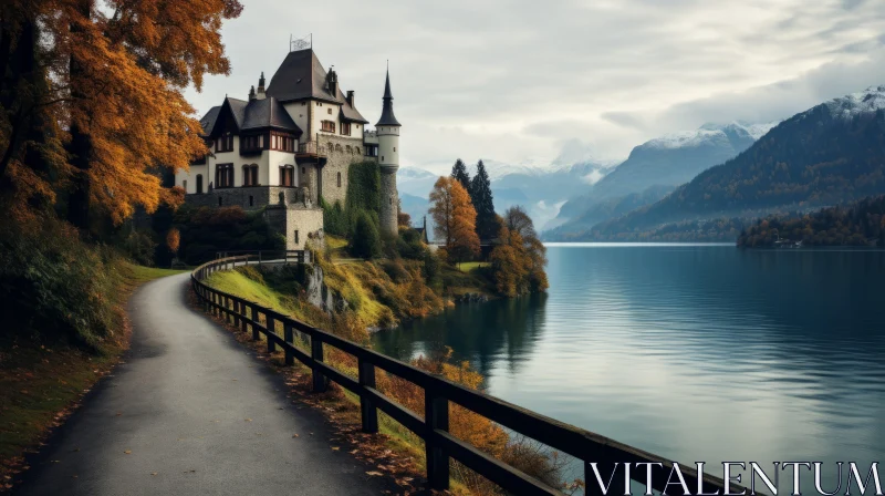 Swiss-Style Castle Overlooking Tranquil Lake Amidst Autumn Colours AI Image