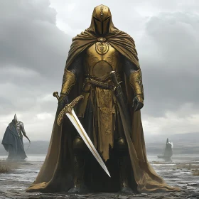 Armored Golden Warrior on the Shore