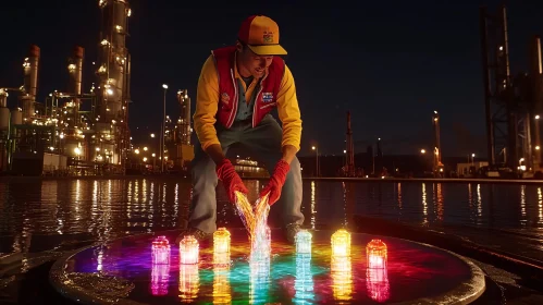 Man Creating Light Display at Night